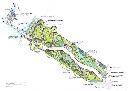 Concept drawing of improved Butteville Landing with trail to paddle dock on the river, prepared by Steven Koch, Koch Landscape Architecture.
